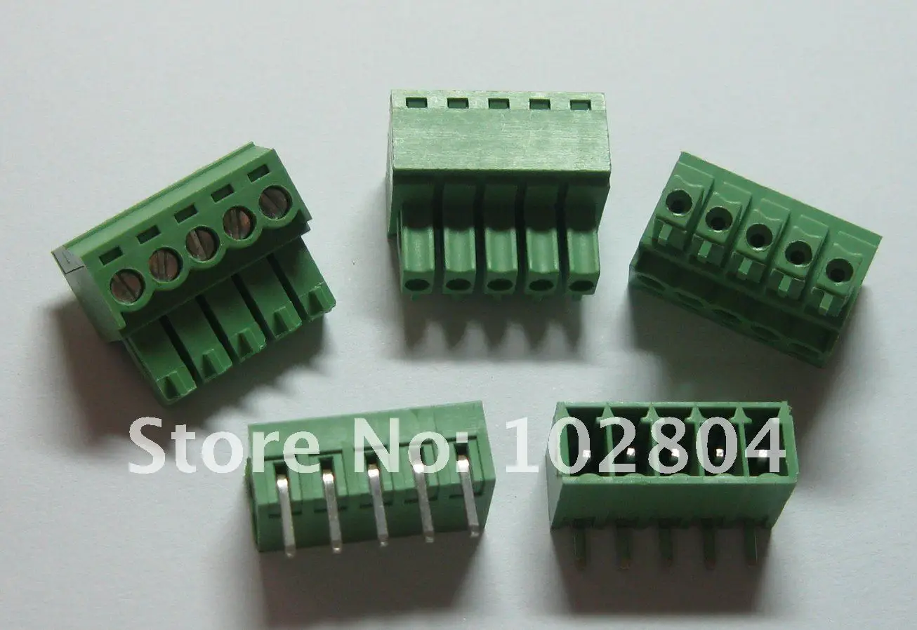 100 pcs Angle 5pin/way Pitch 3.5mm Screw Terminal Block Connector Green Color Pluggable Type with angle pin