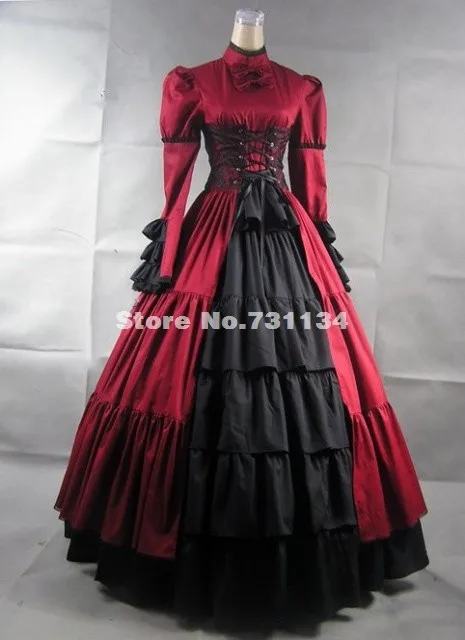 Скидка красная одежда с длинным рукавом и стоячим воротником, с атласным бантом и готический, викторианской эпохи платья Для женщин Хэллоуин вечерние платья