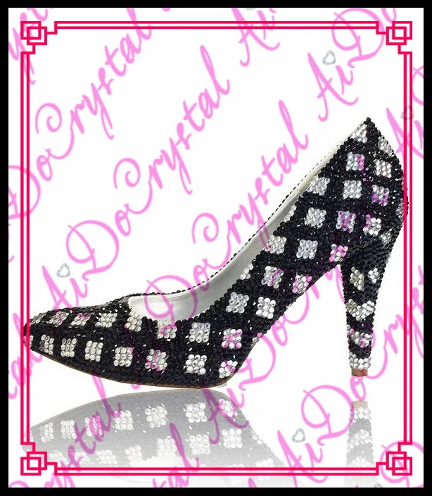 Aidocrystal handmade classic black and white color rhinestone pumps sexy women pointed toe high heel font