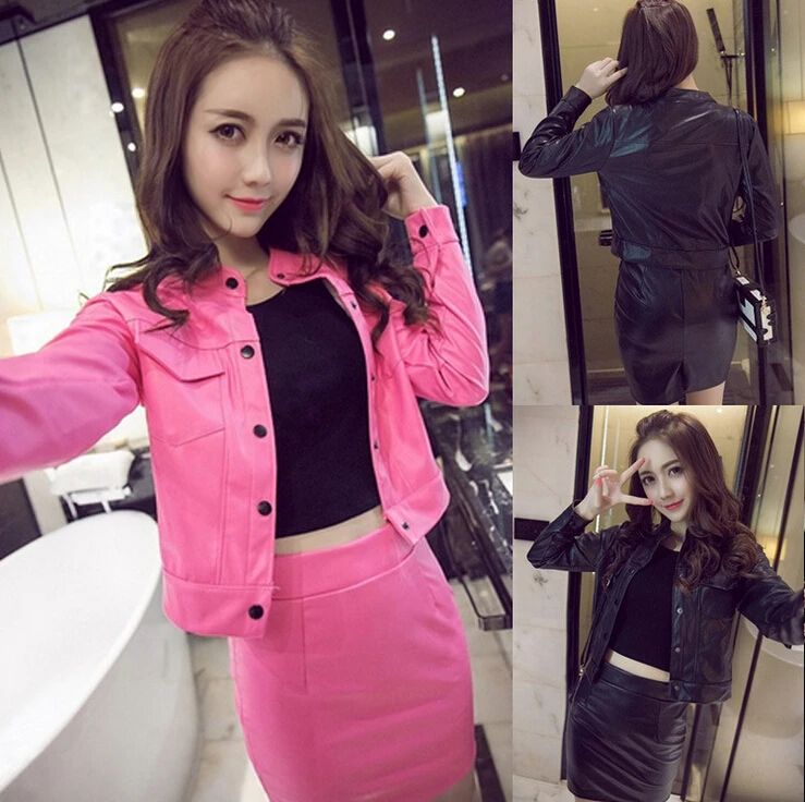 Spring Autumn 2 Piece Set Women Single breasted PU Leather Short Jacket Top And Skirt Set