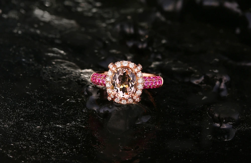 CaiMao 14KT/585 Rose Gold 0.59ct Round Cut Diamond 0.54ct Pink Sapphire 1.79ct Natural Morganite Engagement Ring Jewelry