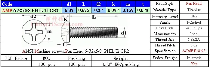 Титановые винты 6-32x5/8 Pan Head 2 # Phillips Driver Ti GR2 полированный 50 шт