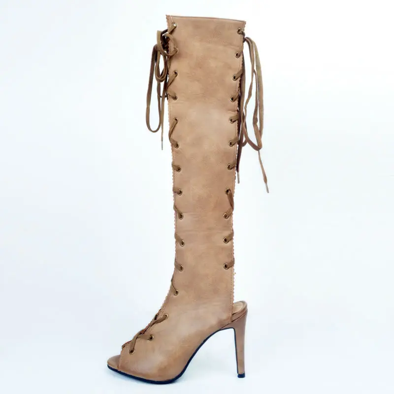 

Vintage Tan Lace-up Front Back Peep Toe Women Boots Rome Style High Heel Shoes Women 2017 New Spring Open Toe Ladies Boots