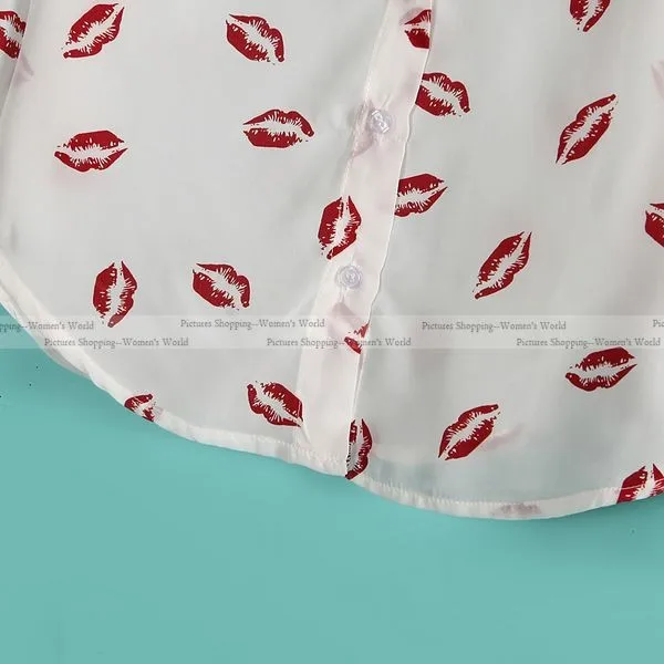 Новая модная женская сексуальная шифоновая блузка с принтом красных губ, элегантные женские рубашки с длинным рукавом, повседневные топы белого и черного цвета, большие размеры
