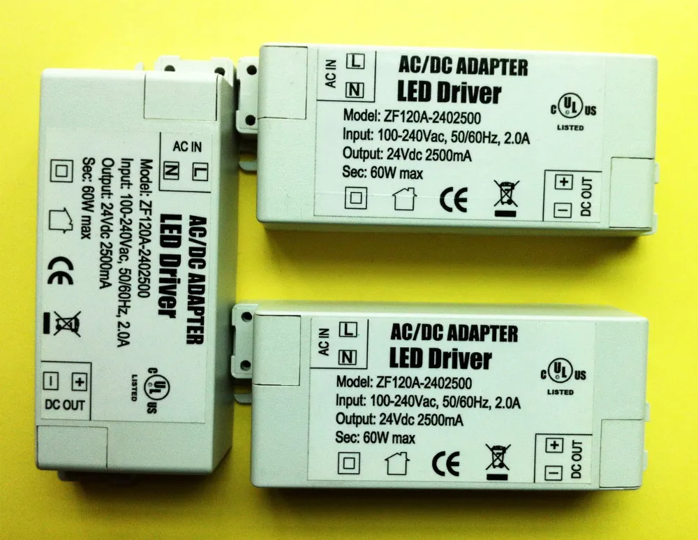 100 шт./лот 24 V 2.5A 60 W Водонепроницаемый Светодиодный драйвер для внутреннего светодиодный полоски для 3528/5050 светодиодный полоски