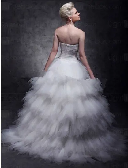 Tulle Over Satin Ball Gown Sweep Brush Train Tiered Wedding Dress