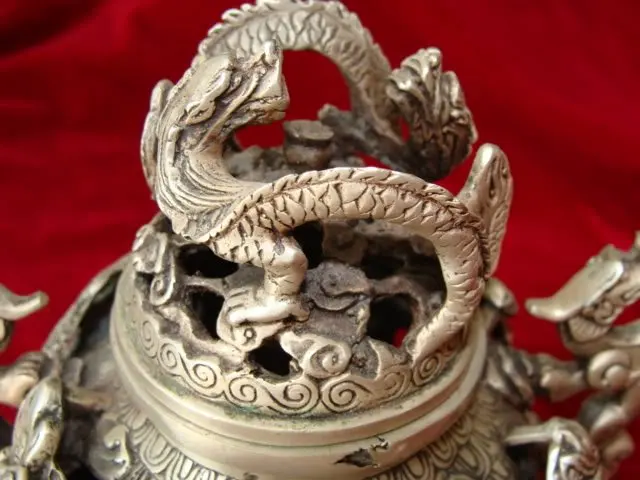 Редкий Старый Ming Dynasty Серебряный курильщик/ладан, резной дракон, с отметкой, лучшая коллекция и украшение, бесплатная доставка