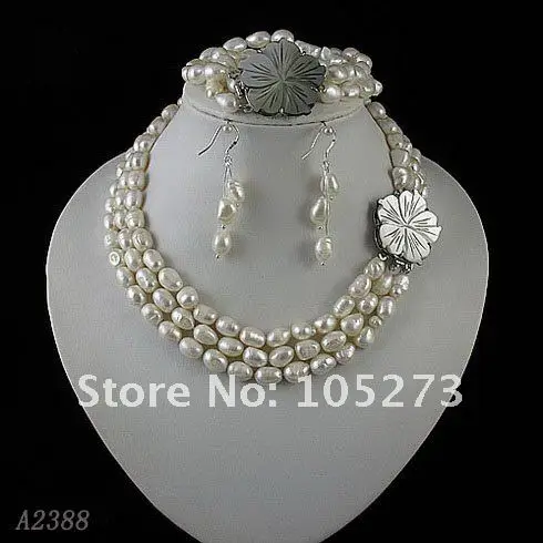 Очаровательная! jewelry Set 3 ряда AA 7-8 мм белый цвет Натуральной пресноводного жемчуга ожерелье, браслет, серьги Горячие продажи Бесплатная