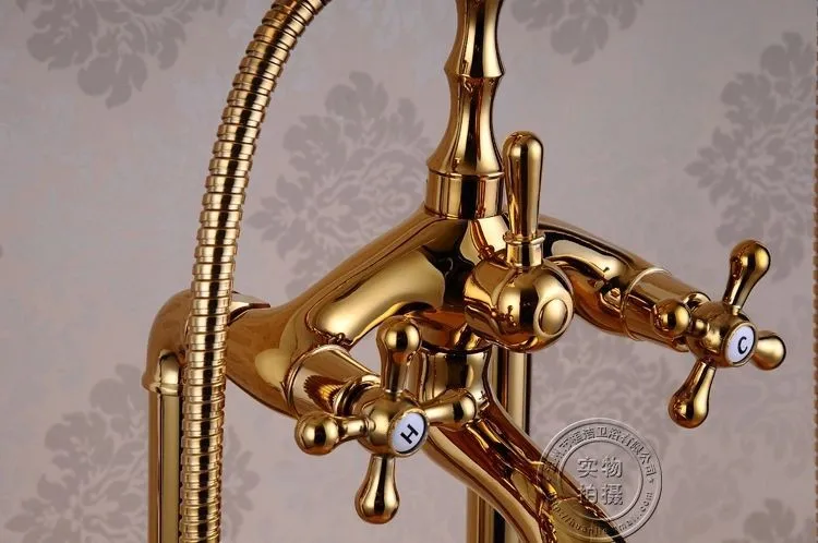 Смесители для ванны золотой Латунный смеситель для душа для ванной комнаты дождь ручной душ напольная подставка Телефон роскошная ванна смеситель кран Набор HJ-5024