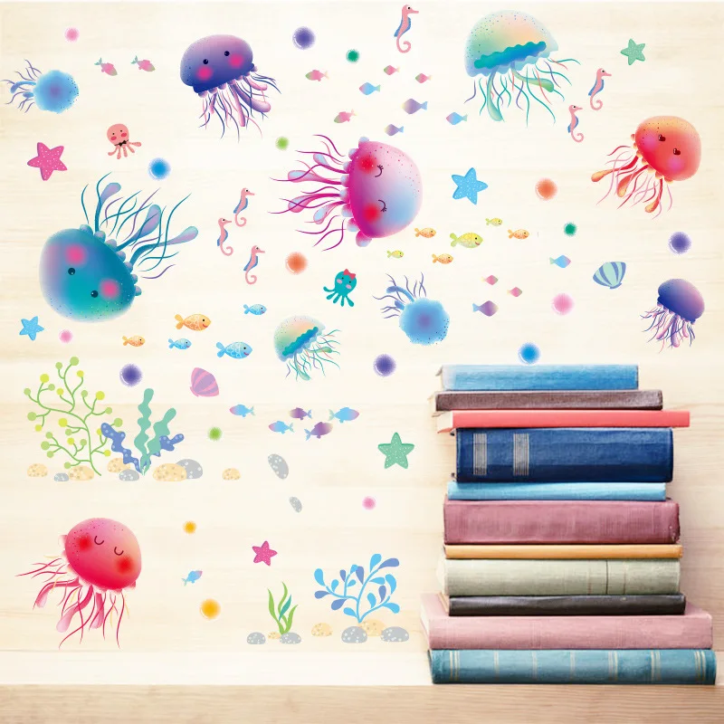 

Colorful Undersea World Wall Art Mural Decor Sticker Cute Jellyfish Wall Decal Poster Kids Room Nursery Bathroom Wall Applique