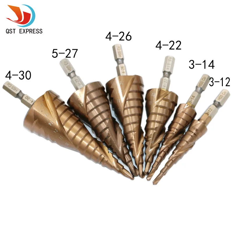 

6pcs HSS-Co M35 Cobalt Spiral Grooved Step Drill Bits 1/4" Hex Shank Wood Metal Cone Drilling