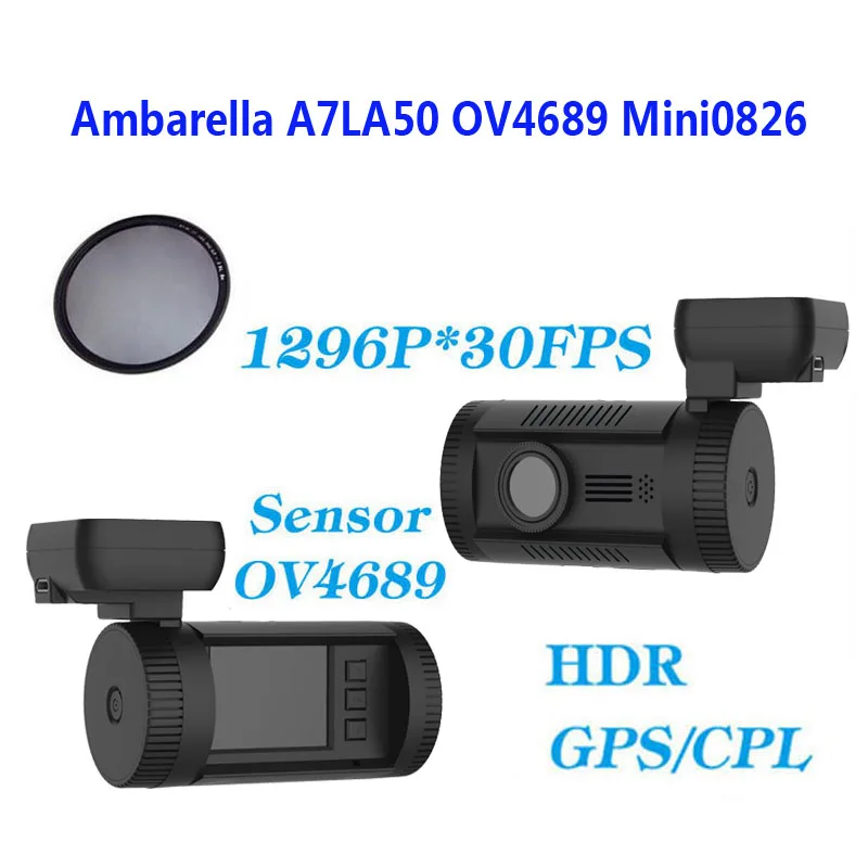 Free Shipping Mini 0826 Dash Car Camera DVR Full HD 1296P Ambarella A7LA50 GPS CPL Filter