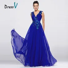 DressV Royal Blue Chiffon Long Evening Dresses V Neck A Line Floor Length Prom Dress Formal