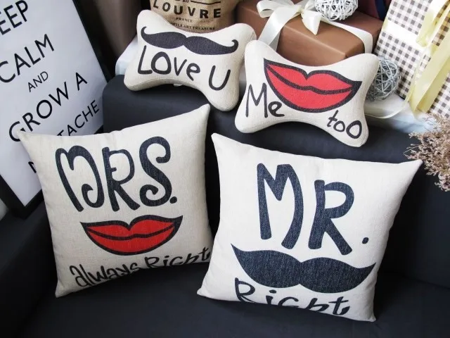 Mr. right» и always right Подушка, накладные губы, борода для влюбленных, подушка, льняные наволочки для подушек, для дома Декор диванные подушки 2 шт./лот