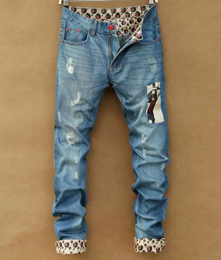 

HOT 2016 Fashion flanging patch beggar teenagers cattle pants hole retro men's wear cowboy leisure men's trousers skinny jeans