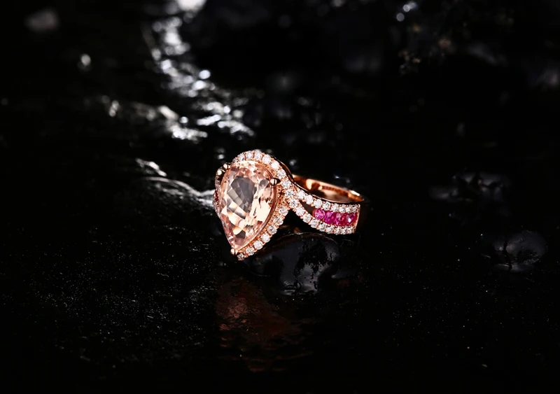 Caimao 18K Rose Gold 2.92 Pear Cut Morganite 0.82ct Diamond & Sapphires Engagement Ring Free shipping