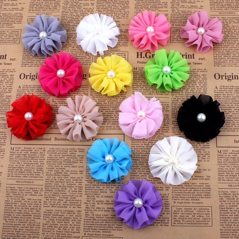 120 шт/партия 6.5cm14colors заколки для волос гофрированный балетный шифоновый цветок с жемчугом для аксессуаров для волос тканевые цветы для повязки на голову