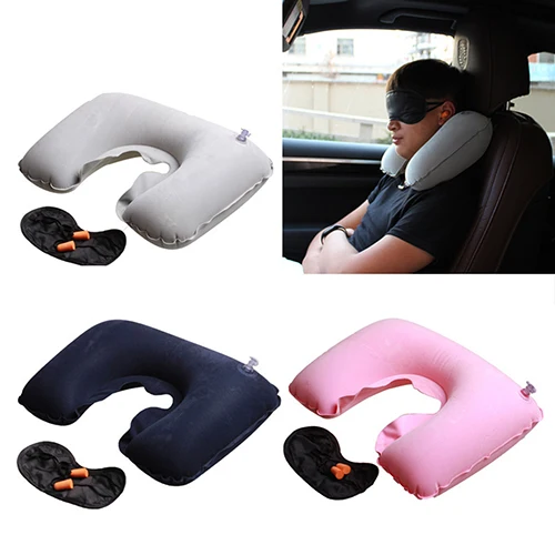 Travel Inflatable Neck Rest Air Cushion U Shaped Pillow Eye Mask Ear Plugs