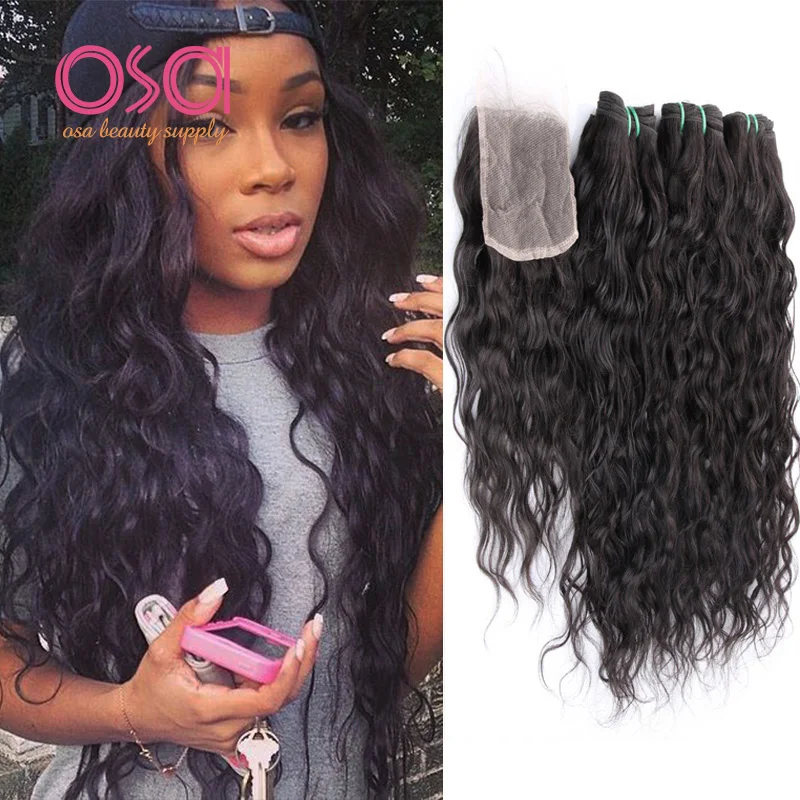 Hot Brazilian Virgin Hair Water Wave Weave 3 Bundles With Closures