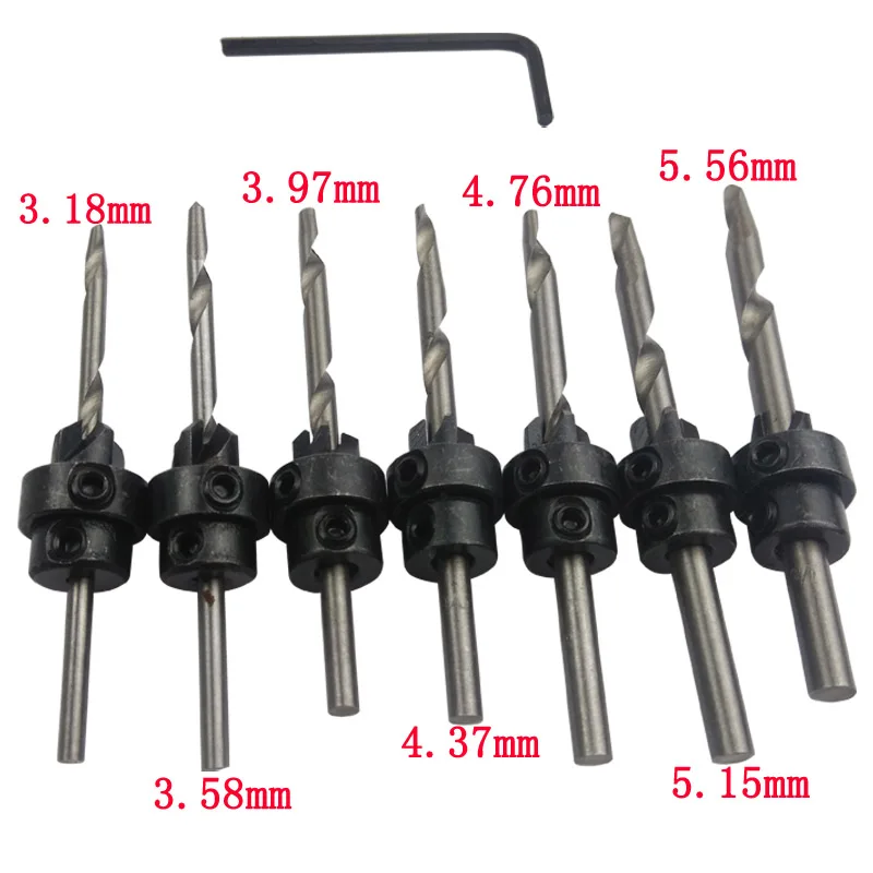 

7pcs Flute Woodworking Chamfer HSS Countersink Drill Bit Set Wood Drilling Quick Change 3.18mm 5.56mm+Wrench
