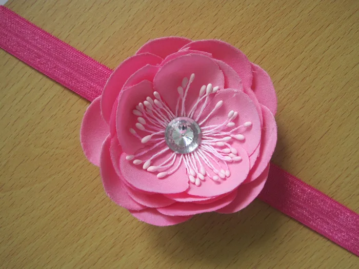 Hot Sale Solid Color Multilayer Fabric Chiffon Flowers With Crystal In Center& Shiny Thin Elastic Hair Band 20sets/lot