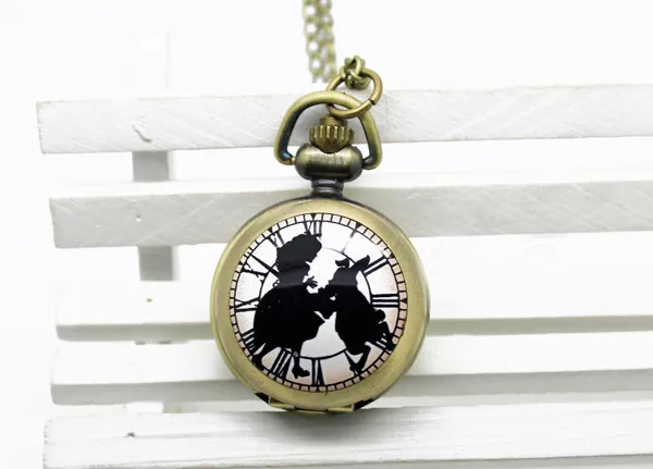 6001) Алиса в стране чудес Алиса и кролик карманные часы ожерелье, 12 шт./лот,, малый размер