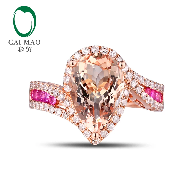 Caimao 18K Rose Gold 2.92 Pear Cut Morganite 0.82ct Diamond & Sapphires Engagement Ring Free shipping