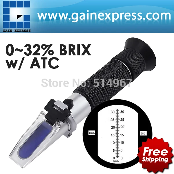 ФОТО Brix Refractometer 0-32% Brix in 0.2% Division for Brandy,Beer,Fruits,Cutting Liquid,CNC,Vegetables,Juices,Softdrinks, with ATC