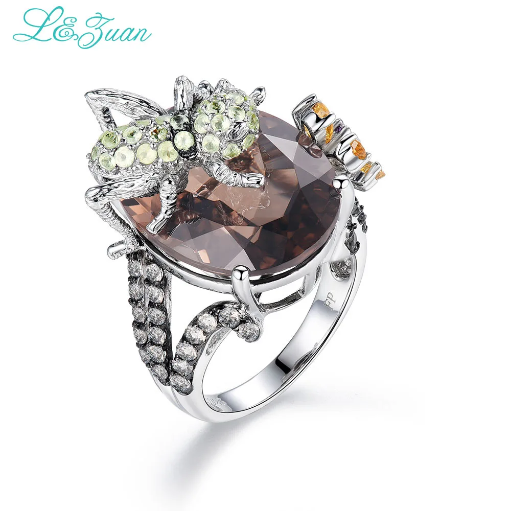 

l&zuan S925 silver Smoky Quartz Rings For Woman Trendy Insect picking flowers 3.021ct Natural Gemstones Ring Fine Jewelry