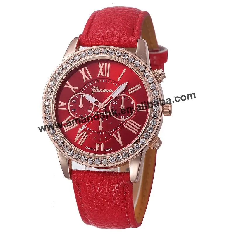 High Wholesale High Quality Crystal Leather Watch Women Fashion Cute Dress Wrist Watch Luxury Leather Roman Number Watches