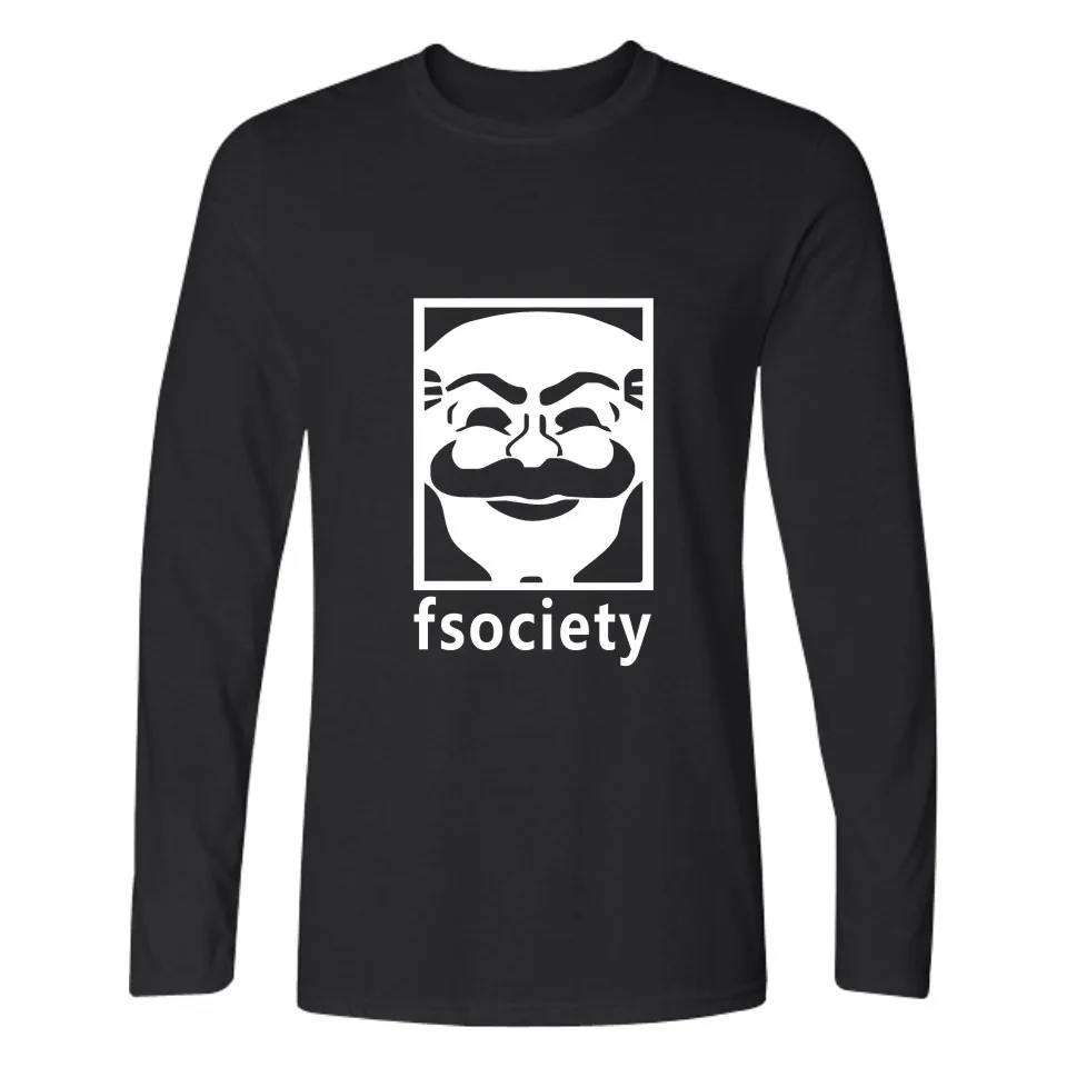 В стиле панк мистер робот с Fsociety Темно-синие футболка с длинным рукавом Для мужчин Slim Fit Футболка в Street Wear Стиль футболки