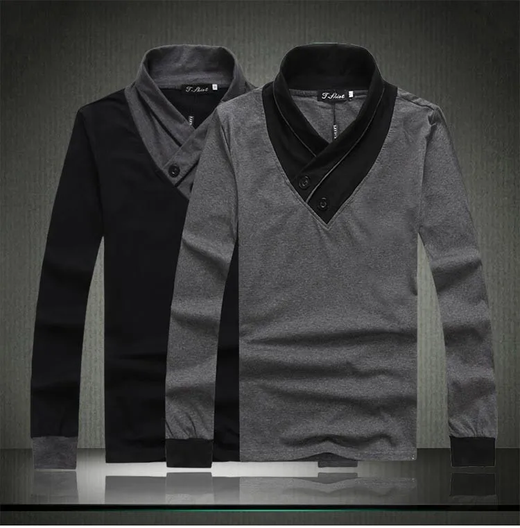 Новая весна и осень Мужская slim fit V шеи Длинные рукава футболка мужская одежда мода черный и темно-серый Основные хлопок футболки D140