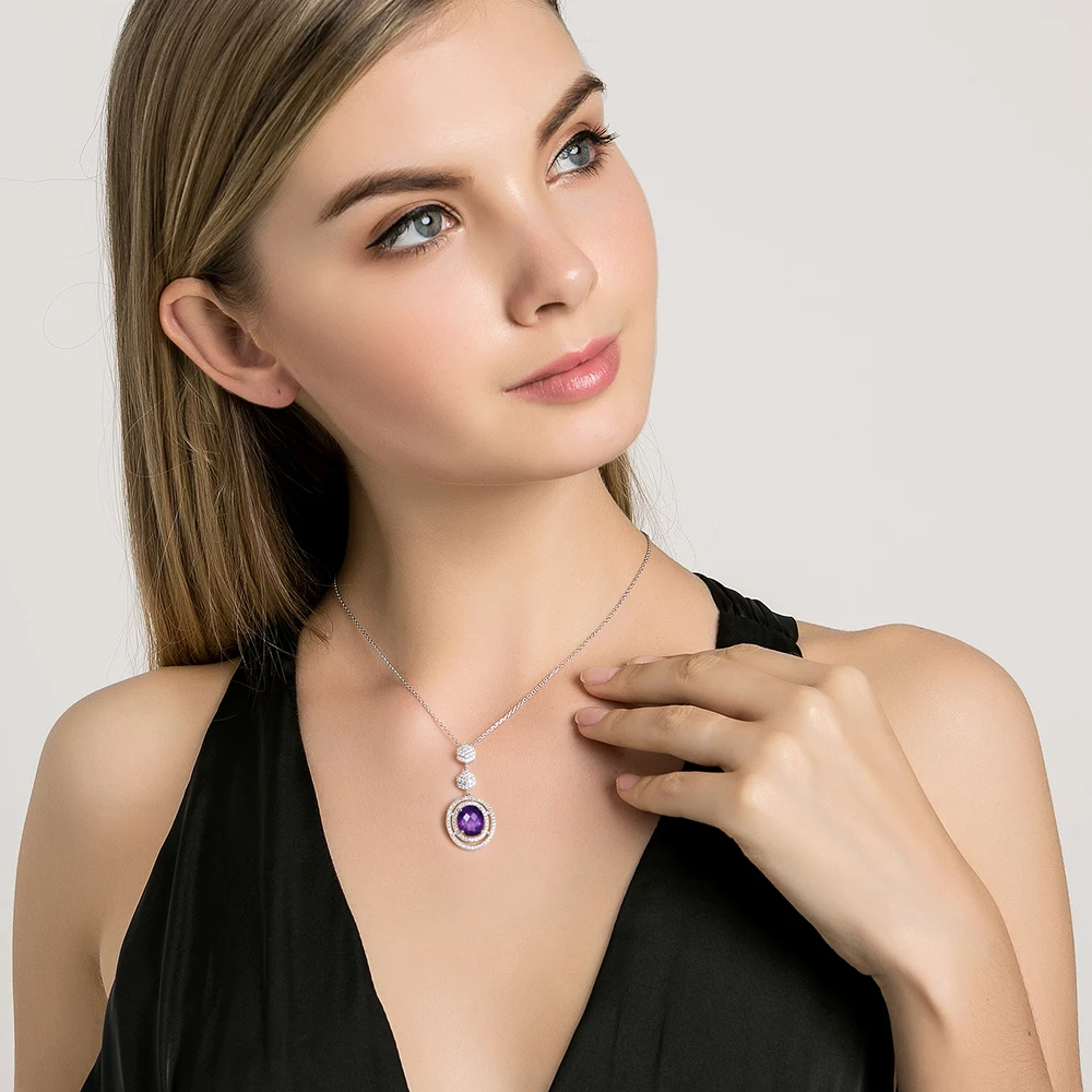Подвеска-ожерелье для женщин натуральный 4.71ct аметист овальный фиолетовый драгоценный камень ювелирные изделия 925 серебряное ожерелье с бриллиантами Вечерние