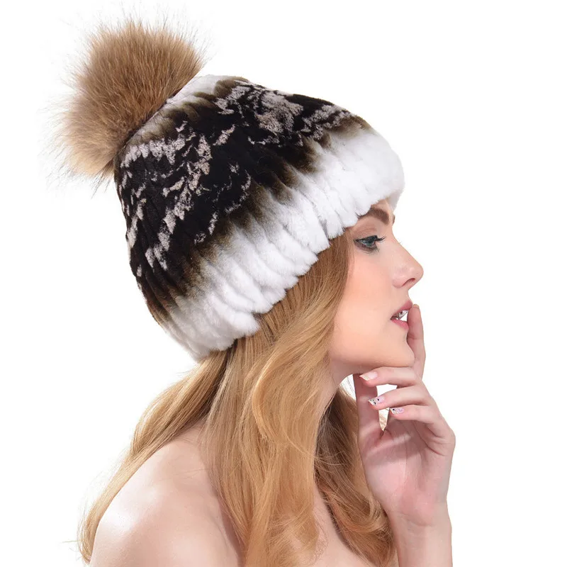 New Fashion Natural Fur Caps Women Real Rex Rabbit Fur Hat With Fur Raccoon Fur Pom Poms Knit Caps LH344 - Цвет: color 5