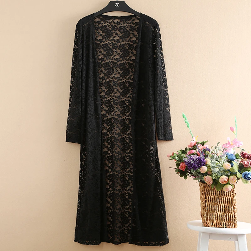 

5XL Summer Long Lace Cardigans Solid Thin Cardigan Long Sleeve Sunscreen Clothing Casual Elegant Ladies Plus Size Cardigan Black
