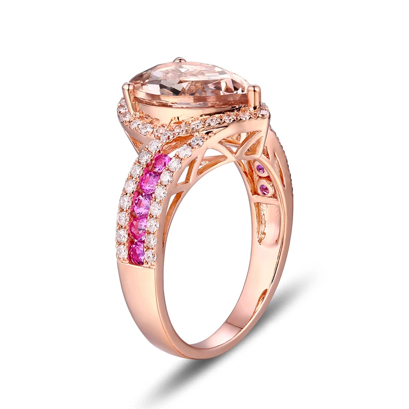 Caimao 18K Rose Gold 2.92 Pear Cut Morganite 0.82ct Diamond & Sapphires Engagement Ring Free shipping