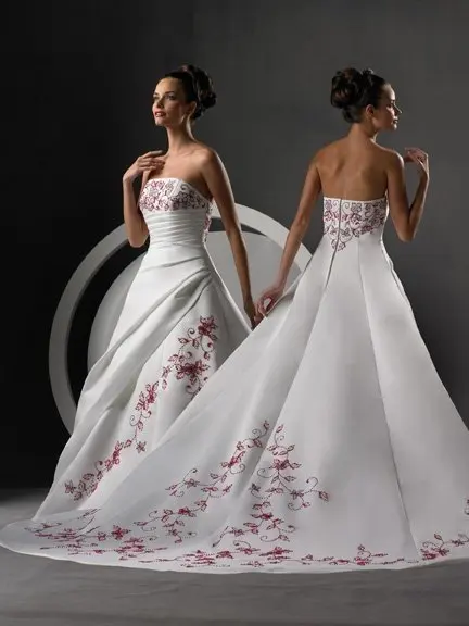 Wholesale and Retail Freeshipping Hot Sale Elegant A-Line Strapless Embroided Satin Bridal Gown