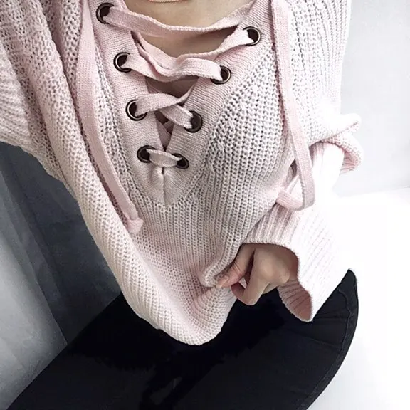 Simplee Flare sleeve knitted sweater women 2016 Lace up V neck pullover Sexy pink jumpers Casual loose split knitwear outwear