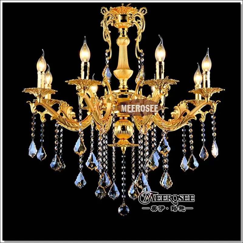 Gold Crystal Chandelier Lighting Fixture 8 Arms Classic Metal Chandelier Crystal Lustre Hanging Lamp for Foyer MD8676 L8