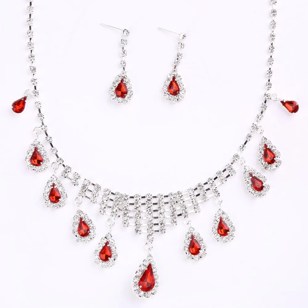 Crystal Pearl Flower Bride 3 Pcs Set Necklace Earrings Wedding Tiara Wedding Jewelry Set Accessories For Women   Red White (5)