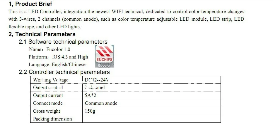 Eucolor202; 2 выходной канал LED контроллер Wi-Fi, DC12-24V вход; 5A* 2 канала