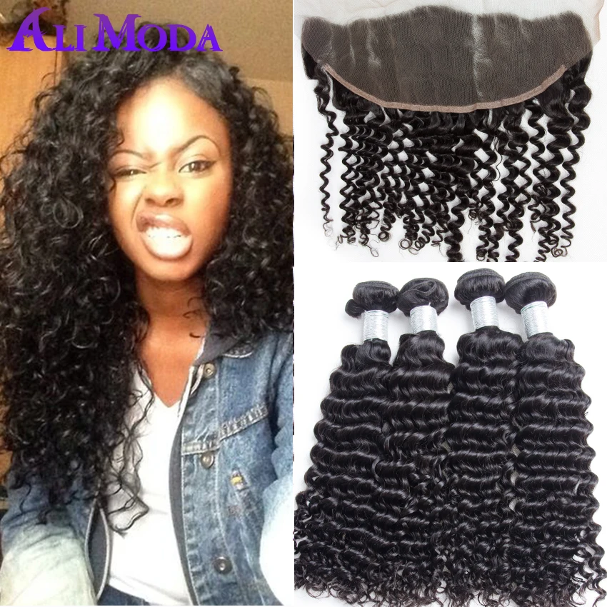 8A Malaysian Curly hair 3/4 Bundles With Ear to Ear Lace Frontal Closure Malaysian Virgin hair With Closure 100% Human hair