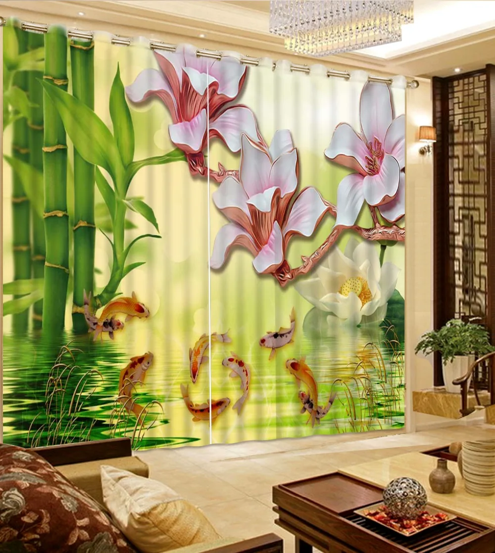 Custom any size 3d curtains beautiful window bamboo curtains relief flower lily window bedroom curtain 