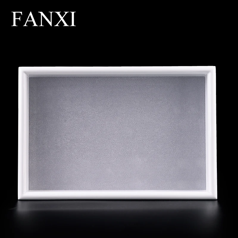 

FANXI jewelry flat plate tray wrapped with soild wood paint stand for all kinds of jewelry white+silver color for counter