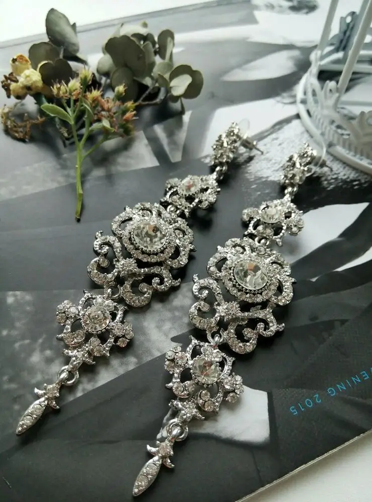 Minmin Floral Shape Silver Crystal Long Earrings for Women Wedding Bridal Charming Chandelier Drop Earrings Hot Selling EH182