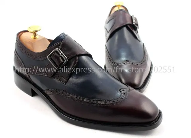 Free shipping custom handmade pure genuine calf leather men's monk straps No.MS33 adhesive craft