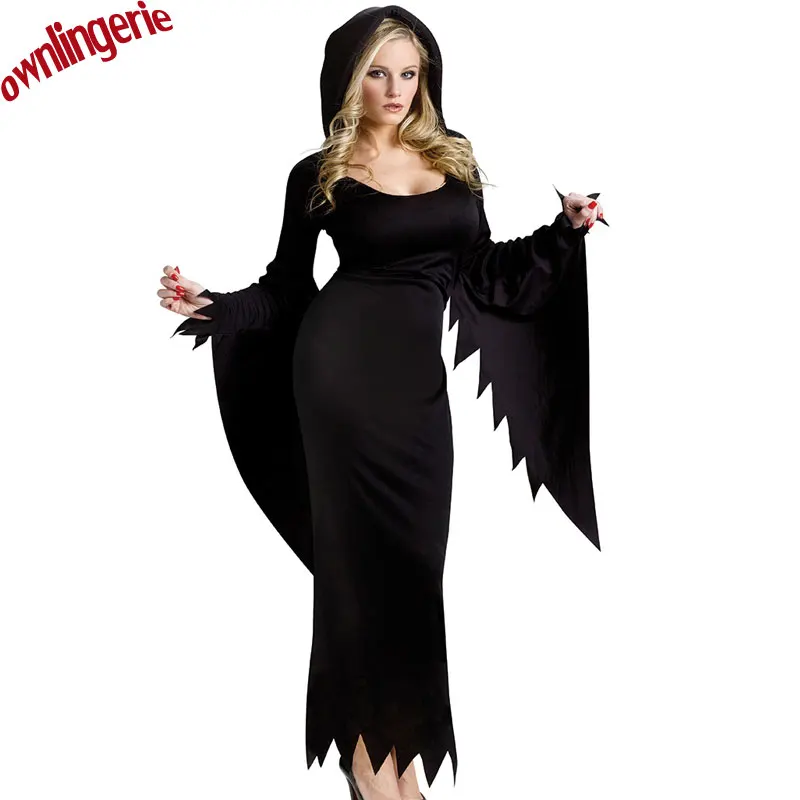 Соблазнительное черное платье в пол для Хэллоуина вечеринки фестиваля с