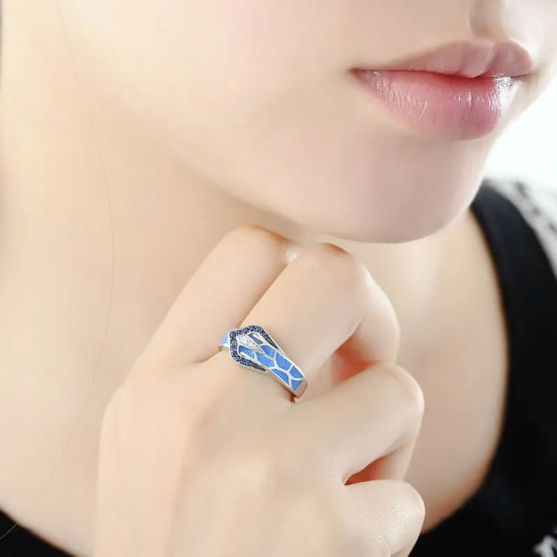 Silver Snake Ring for Women Blue Stone Blue HANDMADE Enamel Rings Pure 925 Sterling Silver Fashion Jewelry