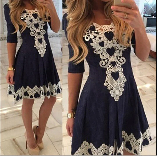 

Grande Taille Dresses Vestido Vintage 2016 Waist Sexy Lace Round Neck Short-Sleeve Dress Sexy Beautiful Cheap Kleid AX248