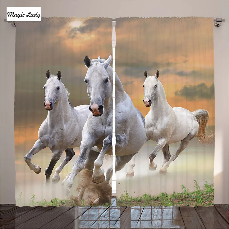 Horse Curtains Living Room Bedroom Stallion Running Sky Equestrian Male Champions Decor White